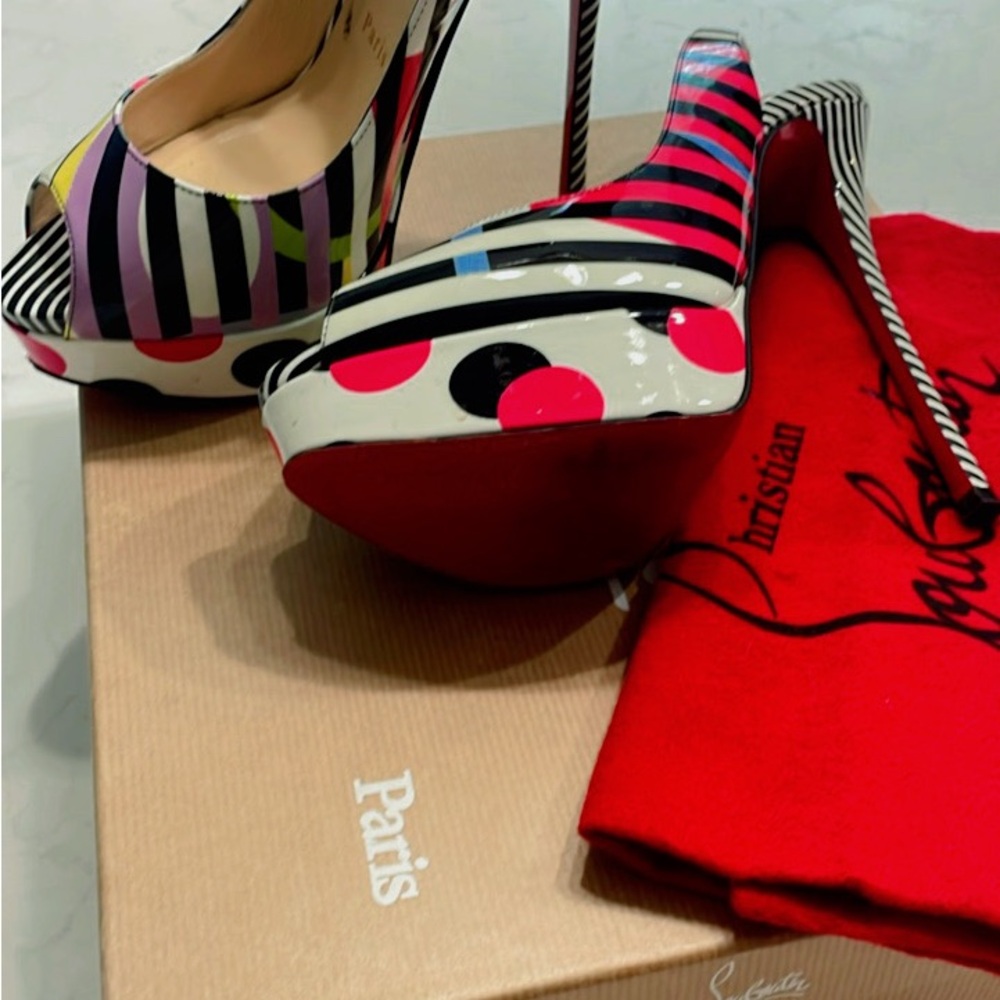 Christian Louboutin Multicolor Striped Peep-Toe Heels